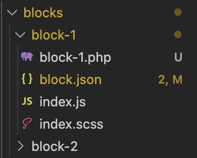 An example block folder structure with block.json for advanced custom fields
