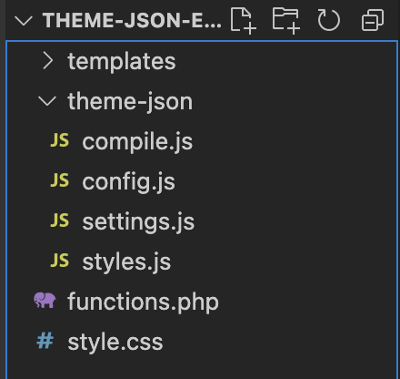 WordPress theme folder with split theme.json files