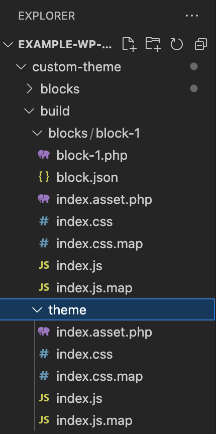 wordpress theme folder showing ACF blocks with block.json file