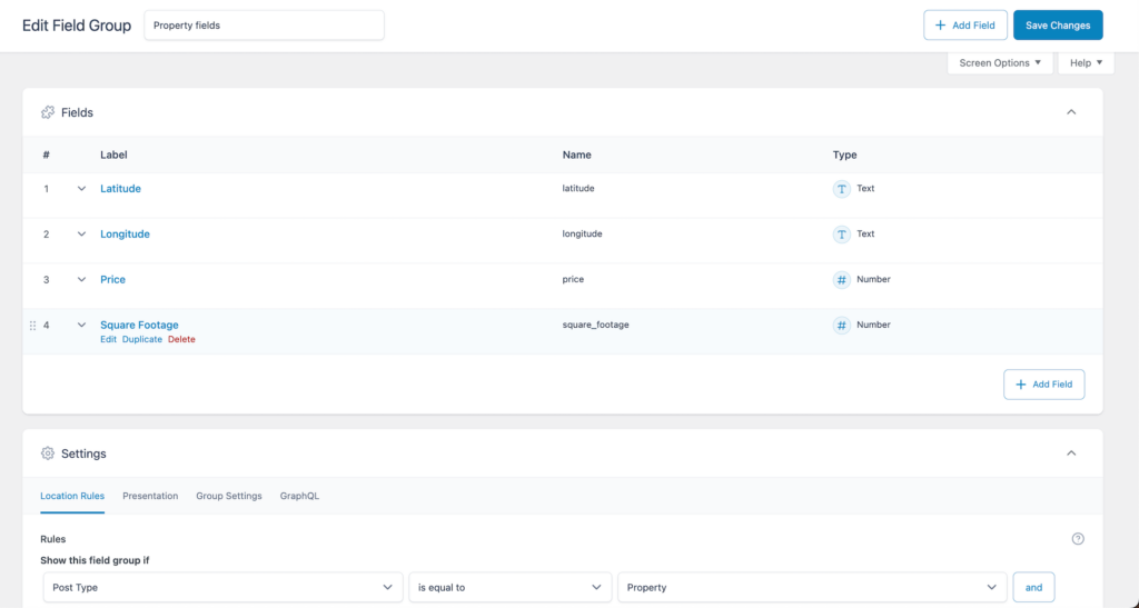 Custom fields for the property post type