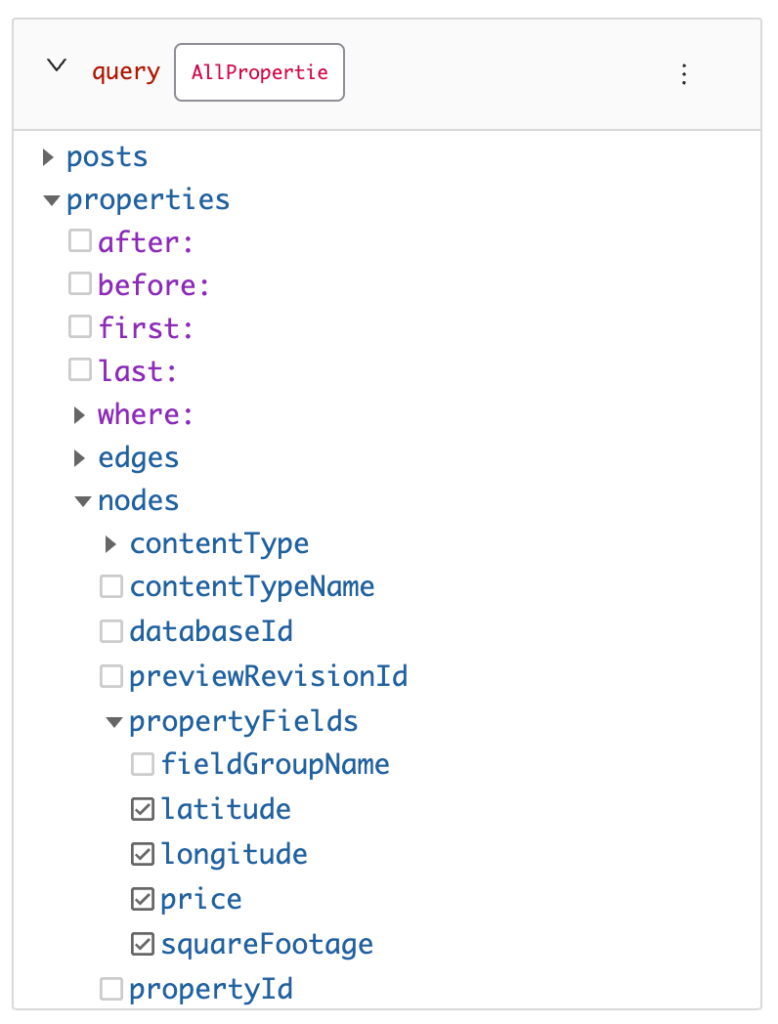 graphql explorer query for all properties