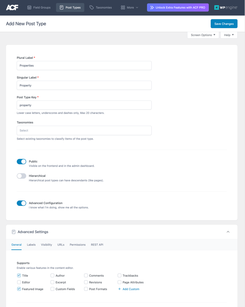 defining a property post type using advanced custom fields