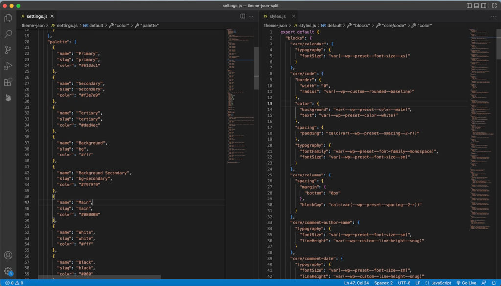 theme.json styles and settings windows side by side in code editor